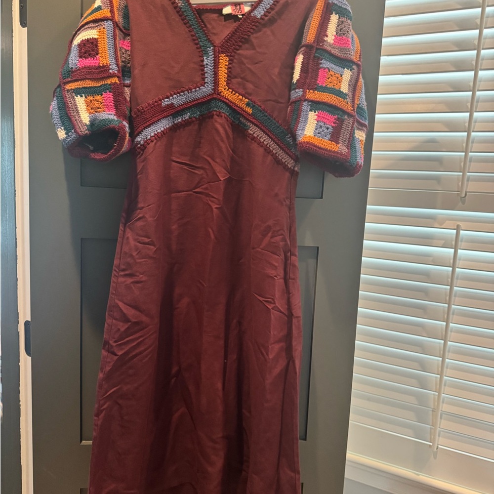 Ulla Johnson Burgundy Midi Dress with Multicolor Crochet Sleeves